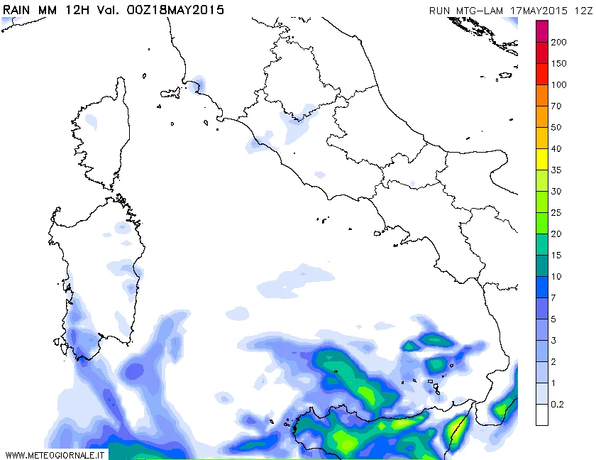 pcp12h 12 - Accumuli fino a 20 mm ad ovest; nel pomeriggio residui rovesci a sud