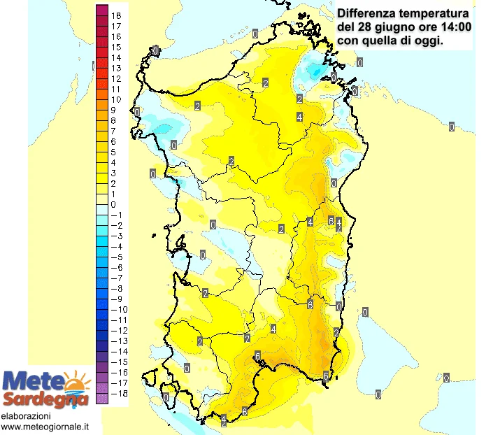 Diff temperature1 - Sabato forte rialzo temperature su interne e cagliaritano