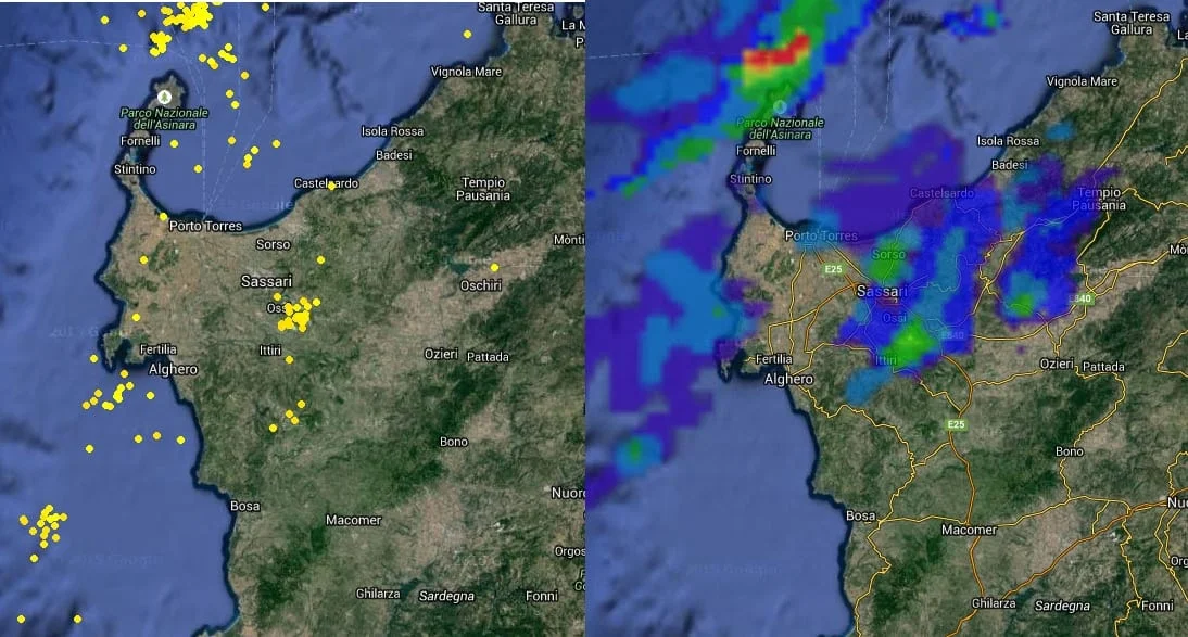 piogge temporali - Temporali verso Alghero, altri ad est di Sassari