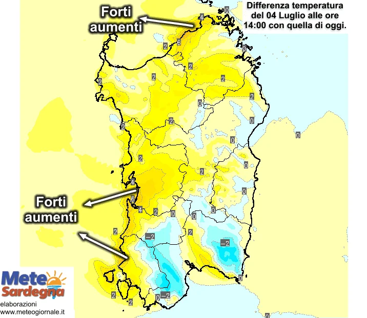 temperature26 - Temperature 2 luglio: forti aumenti ad ovest, cali nel cagliaritano