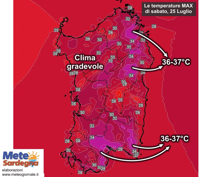 Temperature massime16 - Oggi molto caldo a est e nel cagliaritano. Si starà bene a ovest