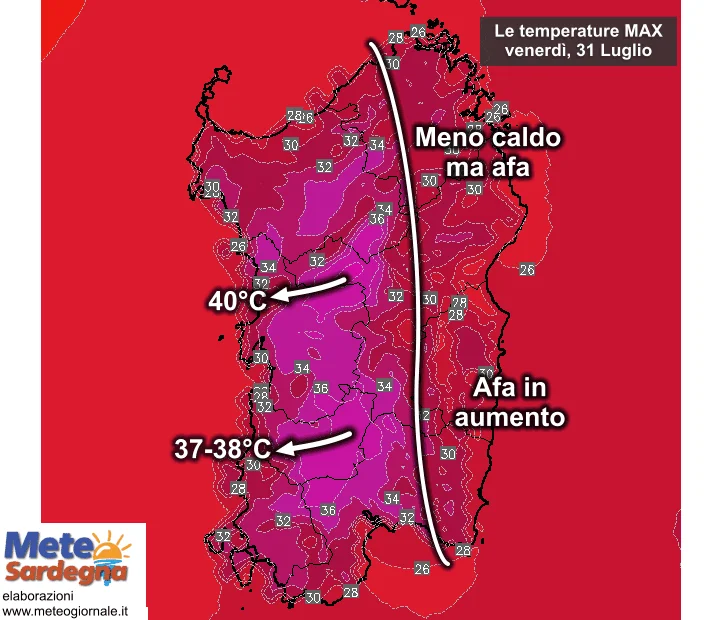 Temperature massime21 - Campidano a "rischio 40°C", oggi meno caldo a est