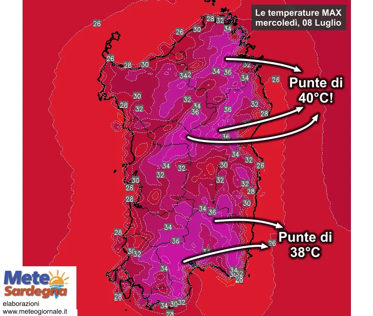 Temperature massime3 - Rischio 40°C a est e cagliaritano, ma cali a ovest