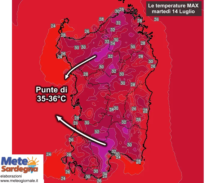 Temperature massime7 - Oggi il caldo si sposterà nuovamente a ovest