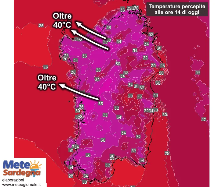 Temperature percepite - Forno africano a pieno regime: oggi oltre 40°C