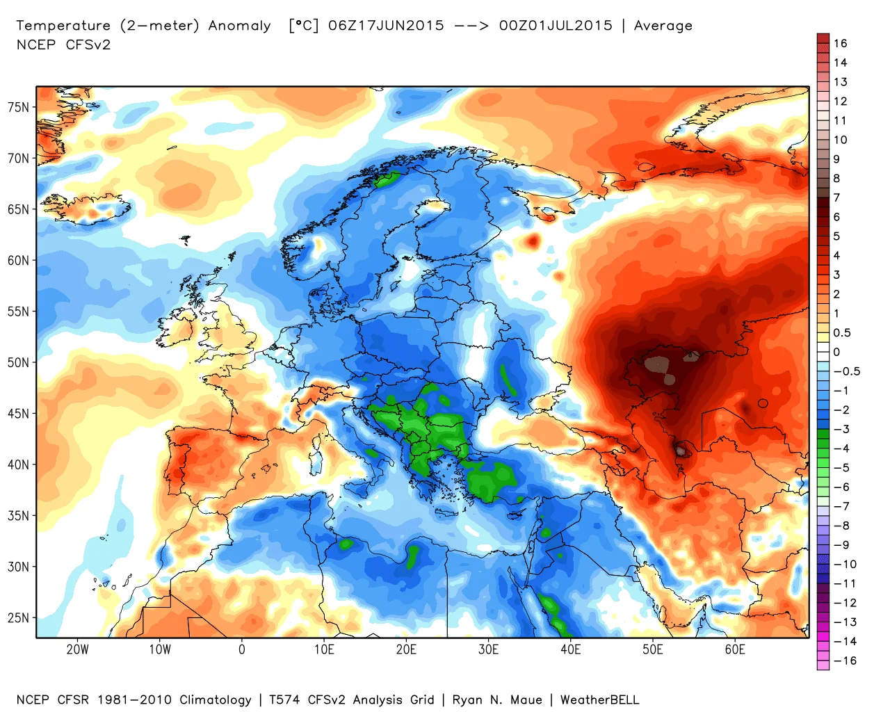 ncep cfsr europe t2m 2weeks anom - Le ultime 2 settimane di giugno sono state fresche