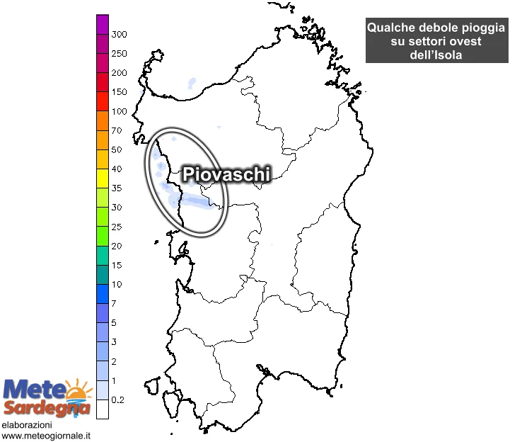 Piogge - Previsti piovaschi o deboli piogge su coste ovest