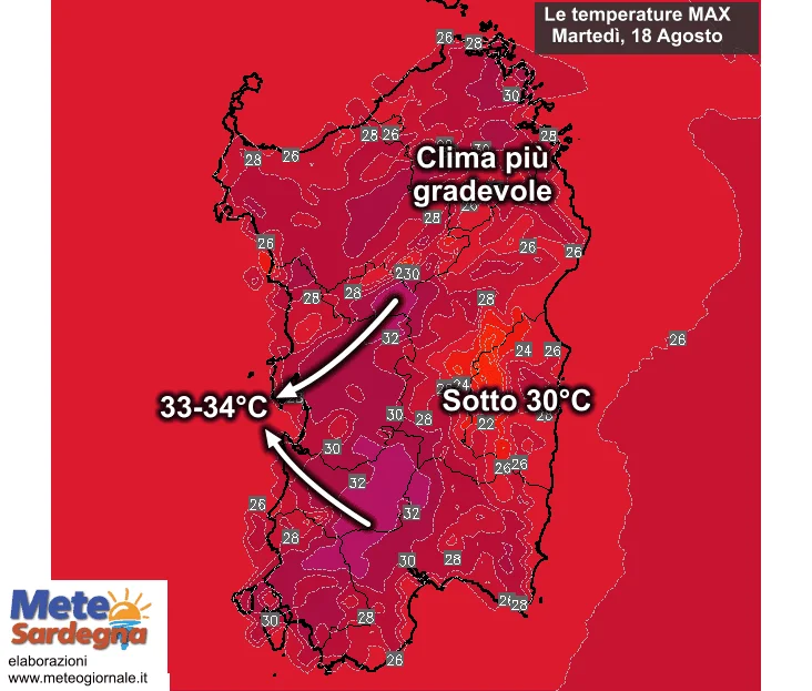 Temperature massime11 - Oggi un po' di caldo in Campidano. Clima gradevole altrove