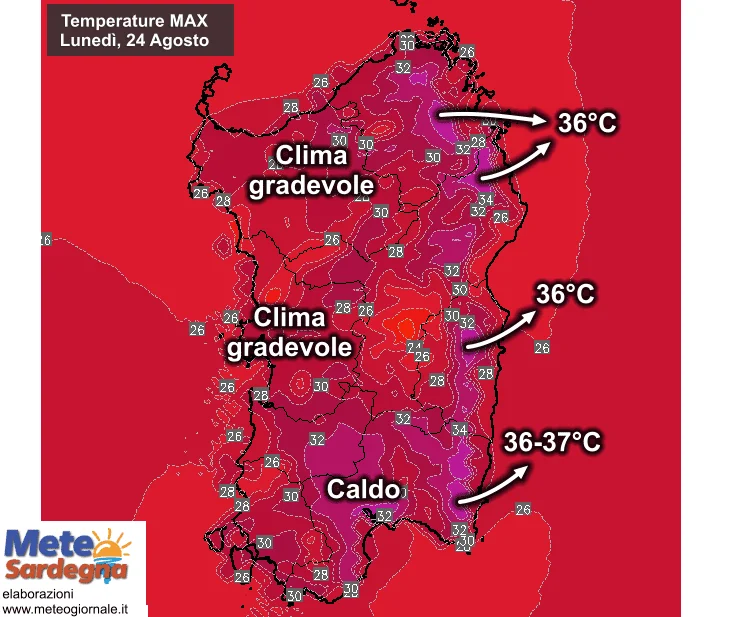 Temperature massime16 - Il caldo si sposta a est: oggi sino a 37°C