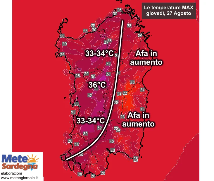 Temperature massime19 - Caldo in Campidano e afa in crescita sulle coste