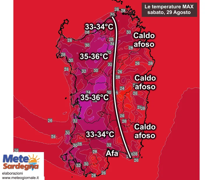 Temperature massime21 - Capitolo caldo: a ovest torrido, a est afoso