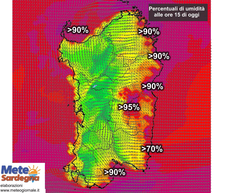 Umidità - Ecco perché a est sarà caldo afoso: guardate che umidità!