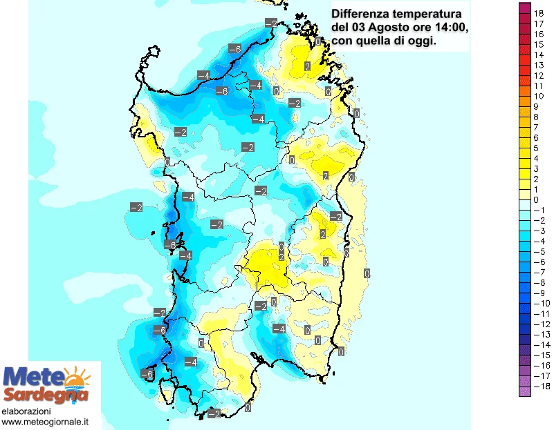 Variazioni termiche - Lunedì 03 agosto, conferme su calo temperature. Ma avremo anche rialzi