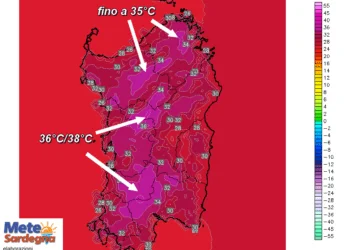 t2m 361 350x250 - Mercoledì Sardegna divisa tra caldo torrido e afoso