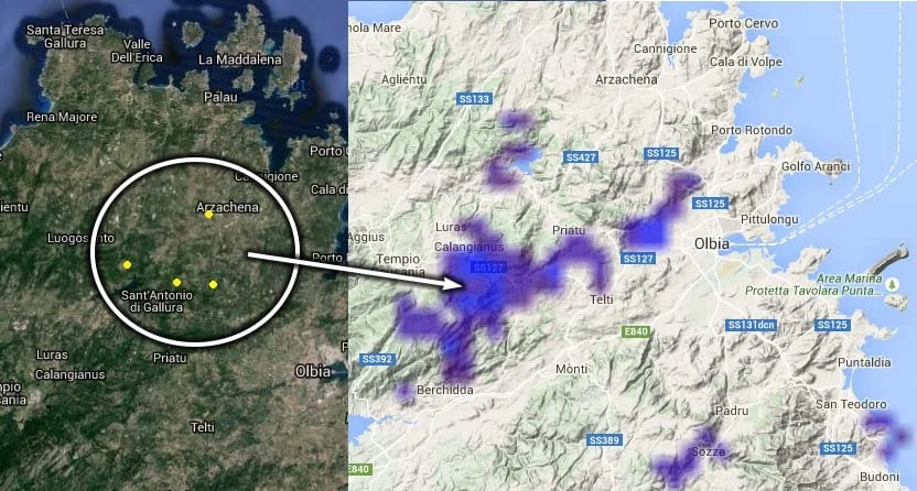 Radar - Temporali in sviluppo sui rilievi della Gallura