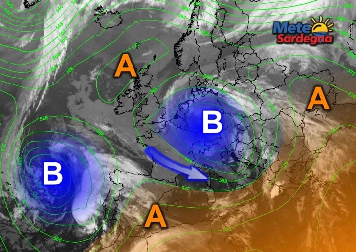 Meteosat5 - Due enormi Vortici Ciclonici dominano il meteo europeo