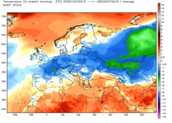 ncep cfsr europe t2m anom 350x250 - Le piogge a metà settimana prossima si sposteranno ad ovest