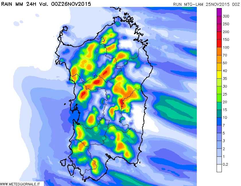 pcp24h 241 - Meteo Sardegna: tutto su piogge, vento e neve prossime ore