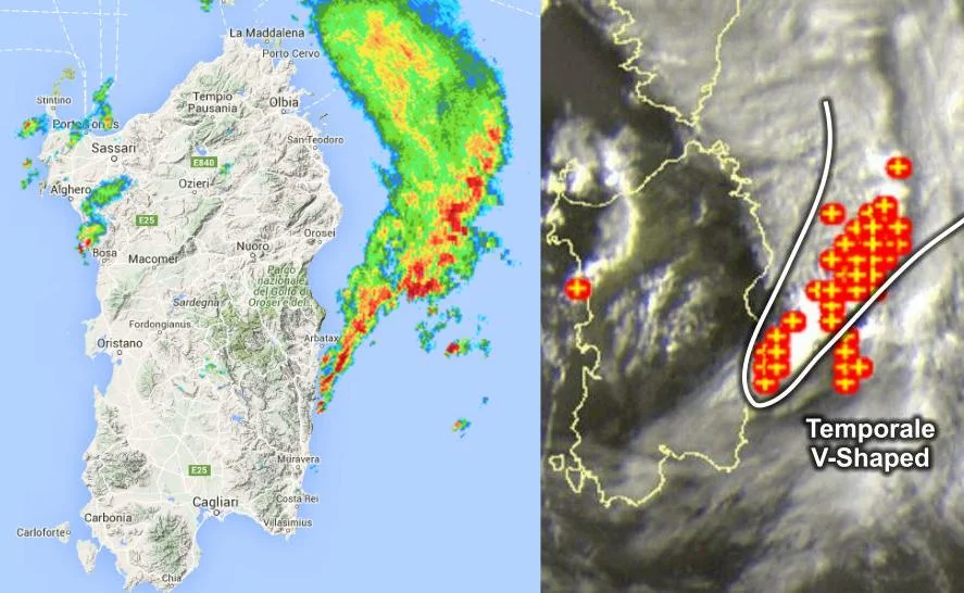 Meteosat3 - Grosso temporale "V-shaped" a ridosso della Sardegna orientale