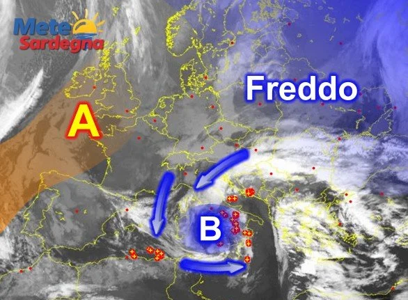 Meteosat Sardegna 11 - Vortice Ciclonico sul Tirreno, richiama aria fredda da nordest