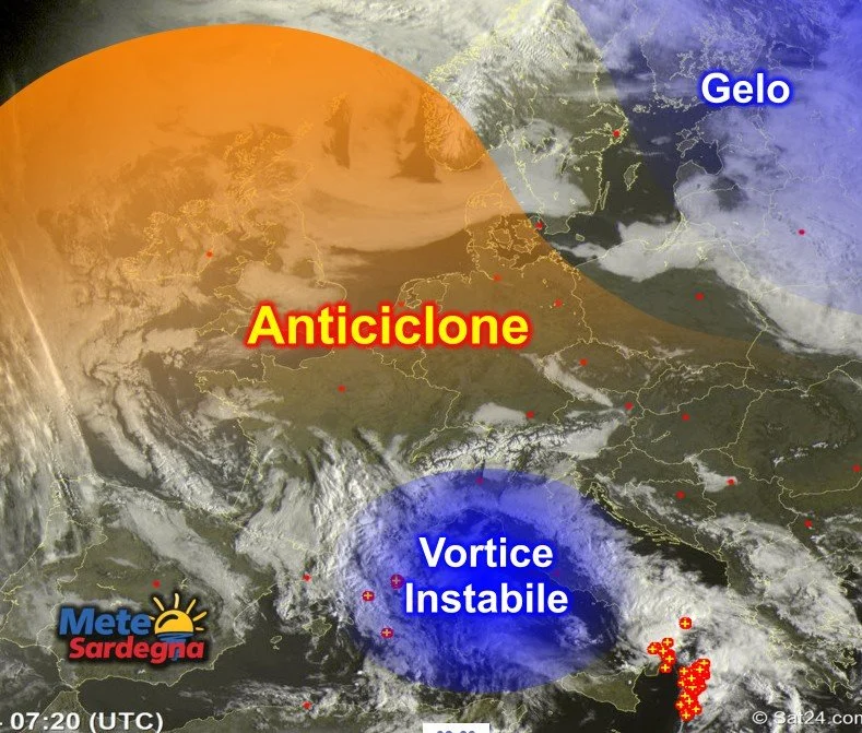 Meteosat - Nucleo freddo si estende sul Mediterraneo: instabilità accelera