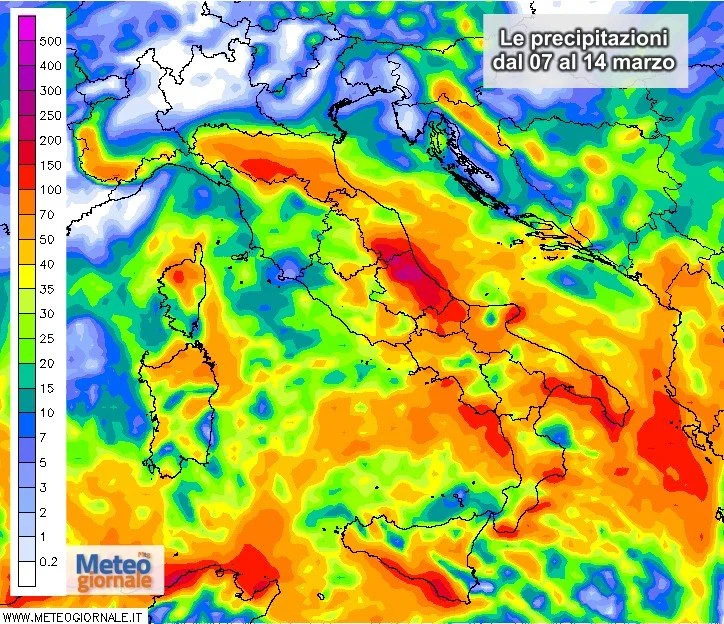 Piogge settimanali - Settimana di grandi piogge e neve a 800-1000 metri