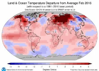 anomalie termiche planetaria febbraio 2016 350x250 - Previsioni meteo dopo la Pasqua: ancora variabilità, ecco come inizierà aprile