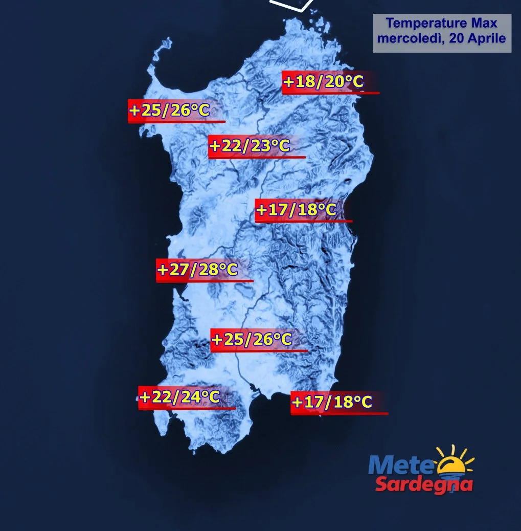 Temperature massime 2 - Oggi gran sole, più caldo su zone ovest della Sardegna