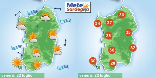 previsioni meteo 6 - Oggi caldo forte, anche 40°C. Attenzione agli incendi. Domenica temporali sui rilievi e tratti di costa orientale e rinfrescata