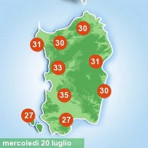 sardegna tmax 2016 07 20 - Gran caldo, afa: ecco le temperature di oggi