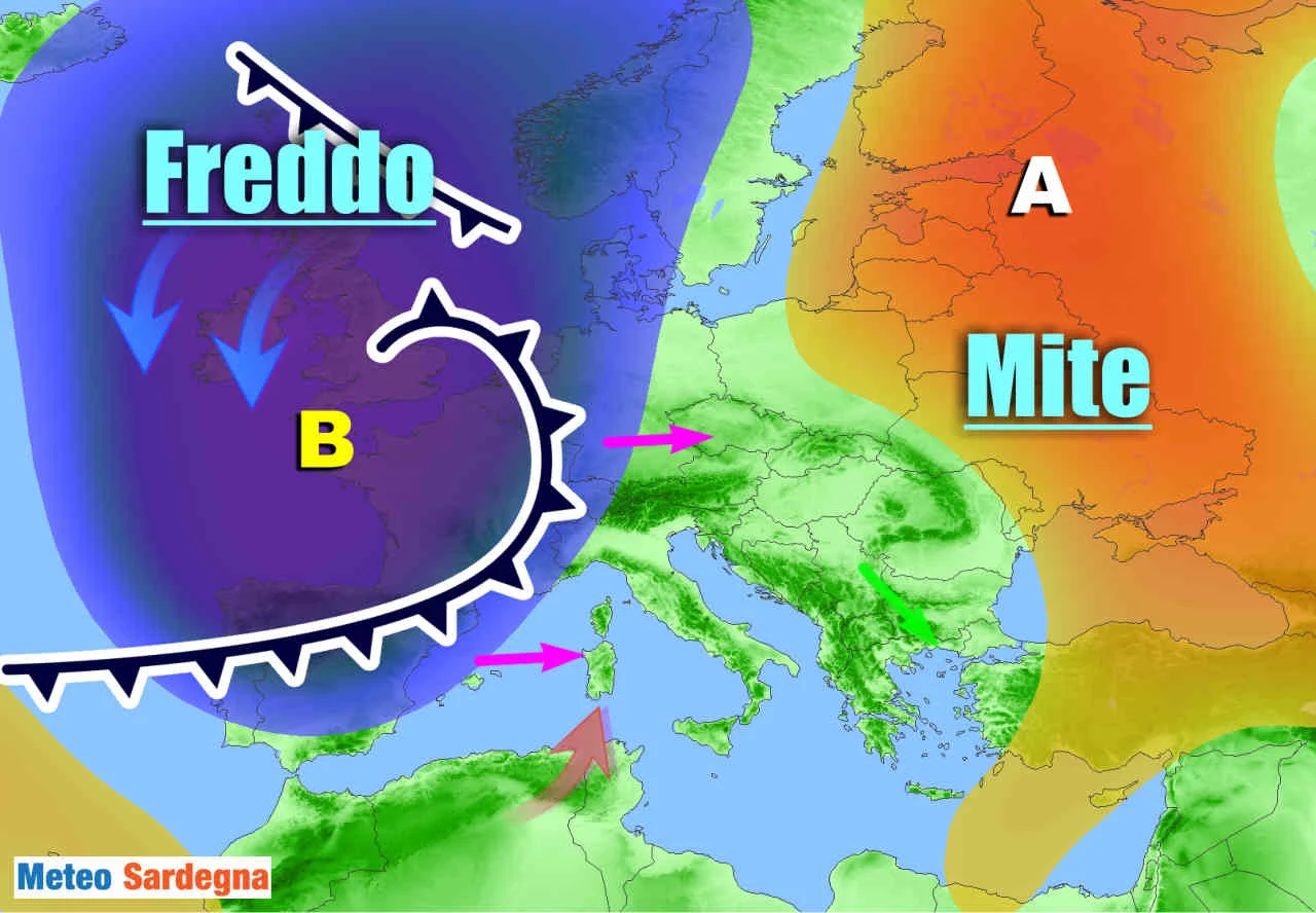 mappa evoluzione - Sardegna, meteo variabile, peggiora sensibilmente lunedì