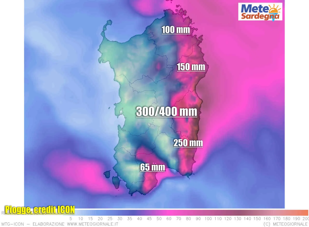 precipitazioni previste modello meteo matematico icon - SARDEGNA, meteo avverso. Rischio ALLUVIONI lampo. Già 300 millimetri