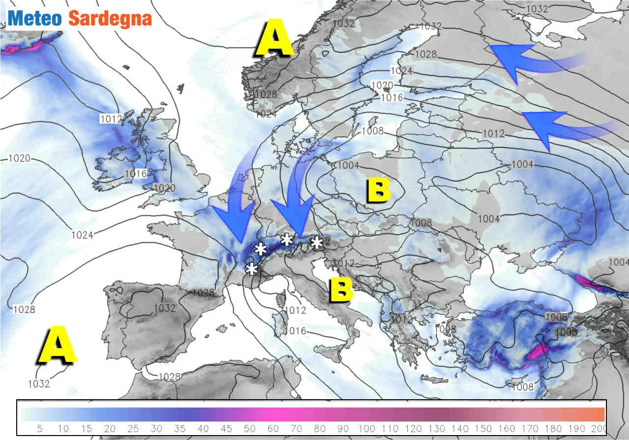 evoluzione meteo 12 01 2021 - Meteo: neve in Europa, la perturbazione verrà in Sardegna prossime ore